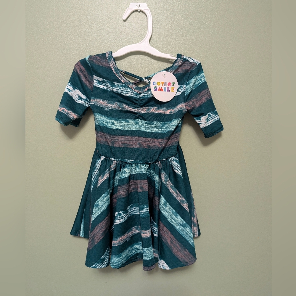 Dot Dot Smile Girl's Cap Dress 6/12m NWT Forest Green Stripes Short Sleeve
